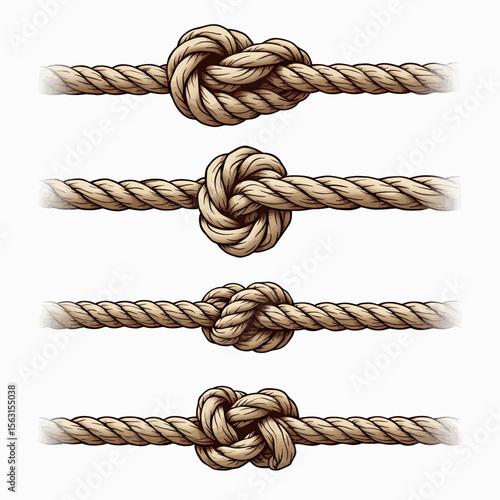 A collection of four detailed, realistic rope knots on a twisted brown cord, with soft faded edges, ideal for nautical themes or concepts of connection.
