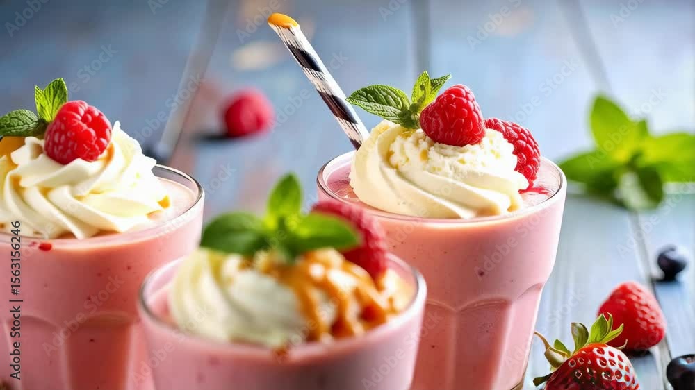 Delicious pink smoothies topped with whipped cream, raspberries, and caramel sauce on wooden board background. Delicious pink smoothies topped with whipped cream, raspberries, and caramel sauce on wooden board background.