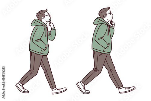 A man in a green hoodie and brown pants walks thoughtfully with one illustration showing him contemplating and the other showing him moving forward