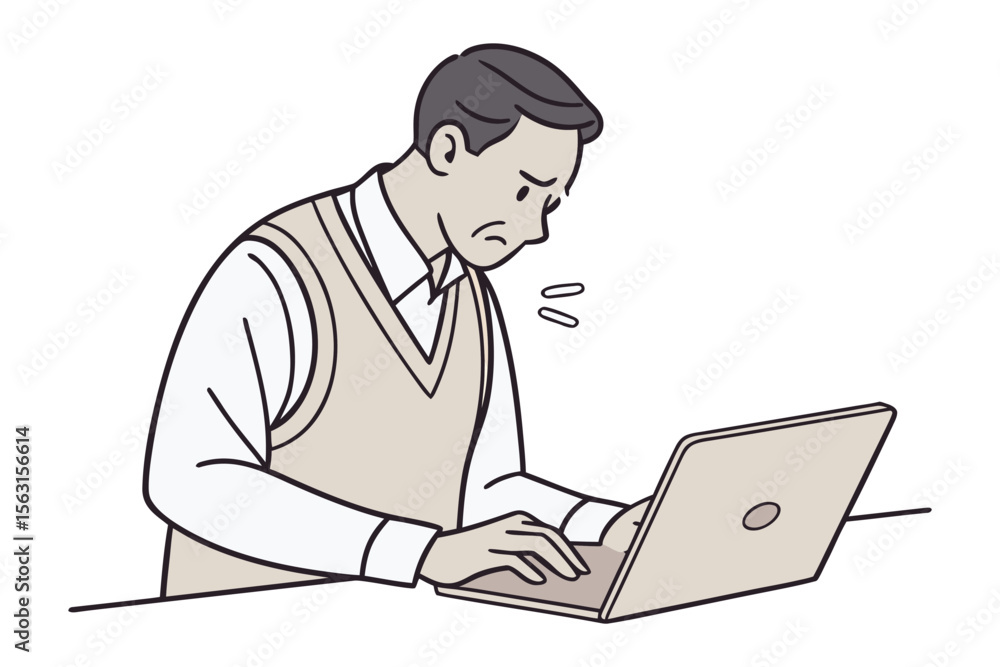 Frustrated businessman working on laptop with worried expression and sweat droplets indicating stress or difficulty Frustrated businessman working on laptop with worried expression and sweat droplets indicating stress or difficulty