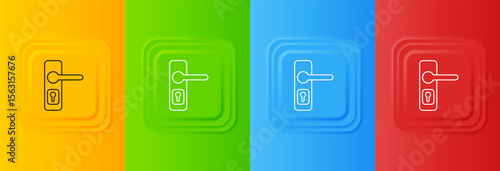 White Door handle icon isolated on colorful background. Door lock sign. Set icons in square buttons. Vector