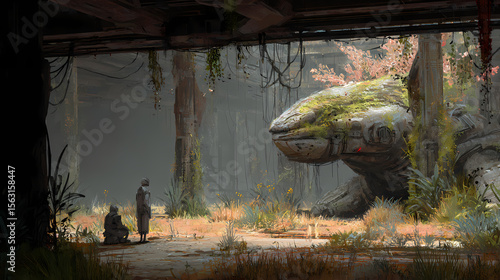 concept art for fantasy-education hybrid | empathic machines | melancholic awe | pale rust and moss | cross-section narrative | saurian rituals | timeworn detailing | layered brushwork | forgotten