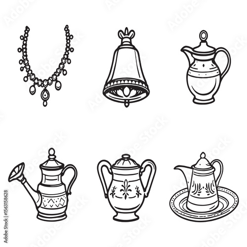 Beautiful handmade brass handicrafts line art illustration