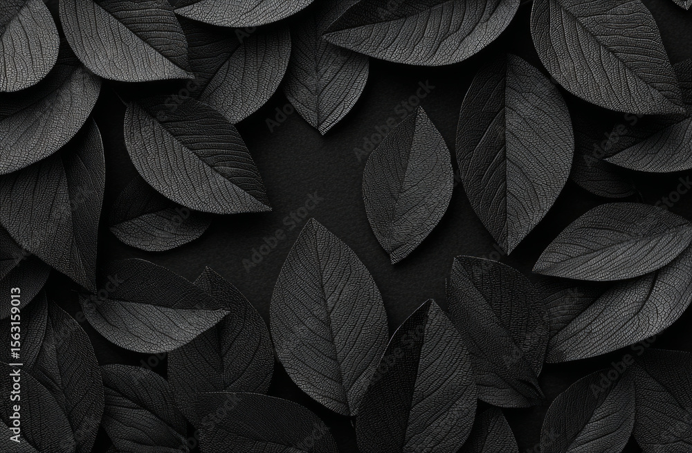 Black leaves create moody, dark and minimalistic background, evoking solemnity Black leaves create moody, dark and minimalistic background, evoking solemnity