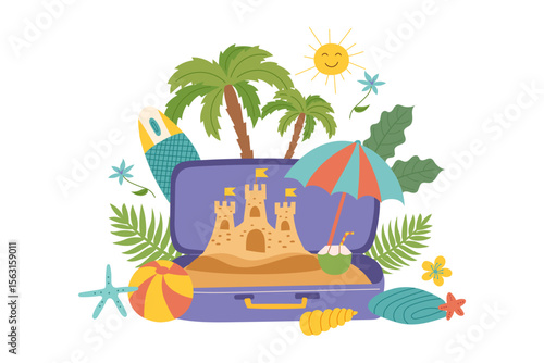 Travel clipart. Opened suitcase with beach objects isolated on white. Concept of travel, relaxation, summer, sea. Vector hand drawn illustration in flat style.