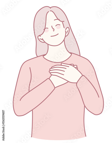 A peaceful and serene illustration that captures a woman expressing warmth and gratitude with her gentle smile