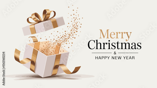 Elegant Christmas and New Year Greeting Card Featuring a White Gift Box with Gold Ribbon, Sparkling Confetti, and Festive Wishes