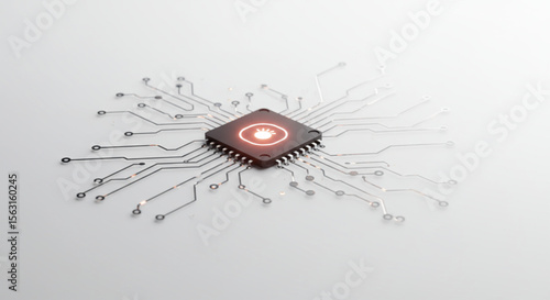 A computer microchip with glowing red center, showing intricate circuit connections.