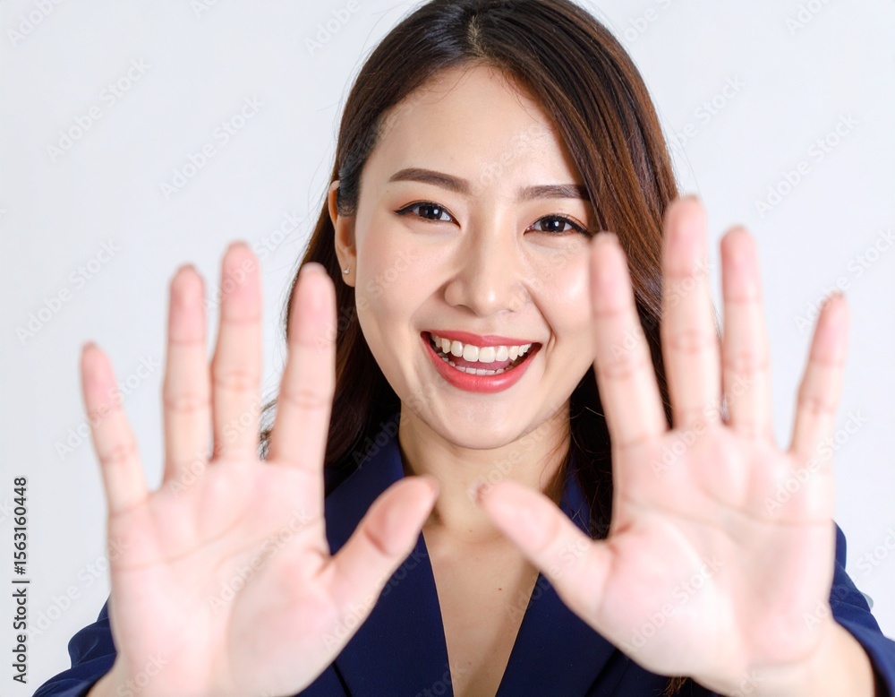 Young Japanese Woman in Suit Smiling with Rejection Gesture スーツを着た日本人若い女性が笑顔で拒否のジェスチャー Young Japanese Woman in Suit Smiling with Rejection Gesture スーツを着た日本人若い女性が笑顔で拒否のジェスチャー