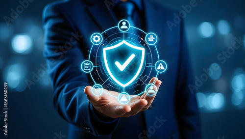 Cybersecurity Professional Holding Verified Digital Shield: Data Protection, Privacy, and Risk Management Concept.