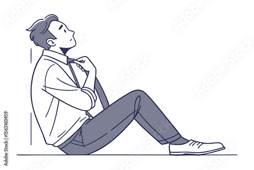 Frustrated businessman sitting on the floor loosening his tie looking upwards with a sense of defeat and exhaustion