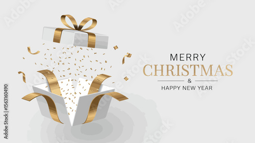 Elegant Christmas and New Year card design featuring open gift box with golden ribbon, confetti burst, and festive holiday wishes