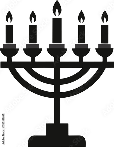 Black silhouette of a menorah with five lit candles isolated on white background
