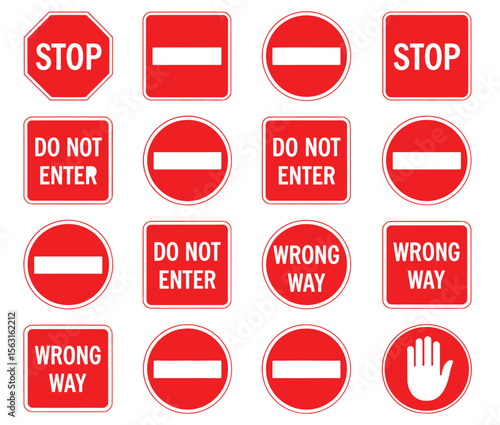 Collection of Red Traffic Signs Featuring Stop, Do Not Enter, Wrong Way, and Hand Symbol for Visual Road Safety and Traffic Regulation