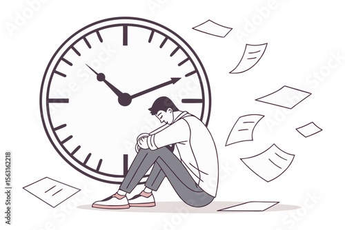 Overwhelmed businessman struggling with deadlines and workload sitting slumped next to a large clock with papers flying around