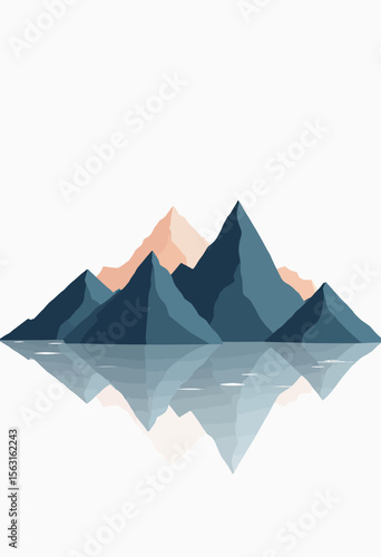 A serene minimalist landscape of a mountain range with peaks in soft sunset colors, perfectly reflected in the calm water of a lake. Flat design style.

