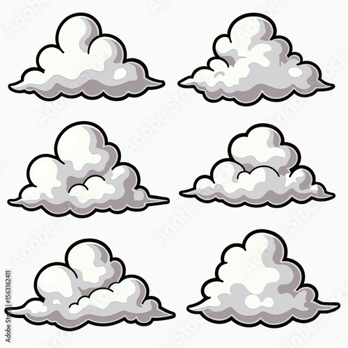 Set of six bold, puffy cartoon cloud illustrations with thick outlines, perfect for comic book scenes, weather graphics, and playful children's designs.
