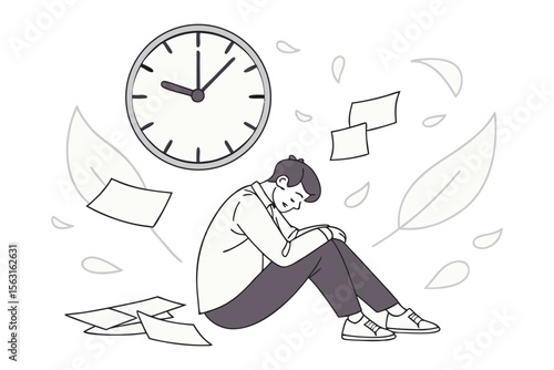 Overwhelmed student feeling exhausted and defeated while papers and leaves swirl around them near a clock