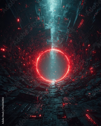 A futuristic red portal glows intensely within a long, dark, and intricately detailed science fiction tunnel, suggesting advanced technology and otherworldly travel.