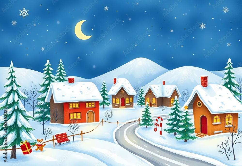 Fototapeta premium Charming hand-drawn winter scene with whimsical snow-covered houses, trees, and festive elements, horizontal, repeat