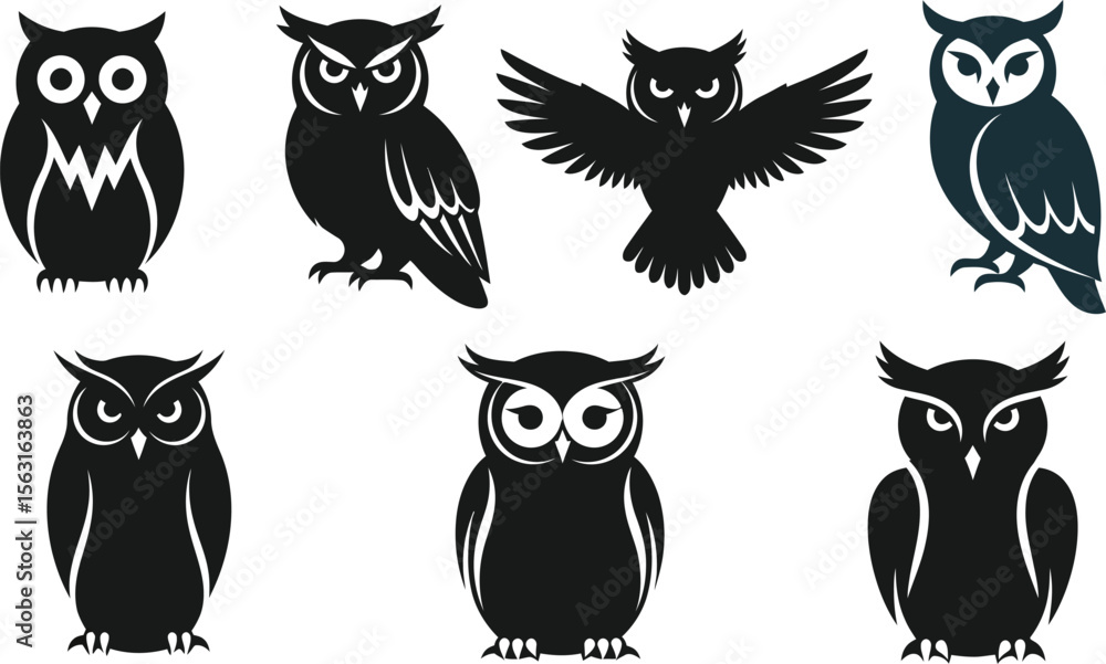 Owl vector illustration set, silhouette bird, night predator, animal icon Owl vector illustration set, silhouette bird, night predator, animal icon