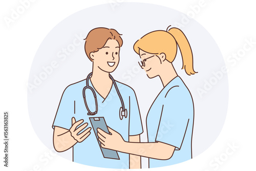 Man and woman work as doctors surgeons in hospital and build career in field of medicine