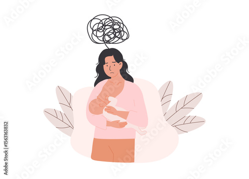 Mother experiencing stress and emotional overwhelm while breastfeeding her newborn. Baby blues and postpartum adjustment challenges. Flat Style Vector Illustration isolated on white background.