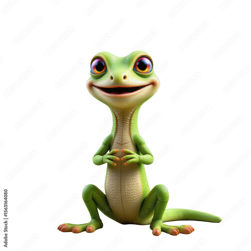 Naklejka premium Cheerful Green Cartoon Gecko Smiling with Hands Clasped in Friendly Pose Against a White Background