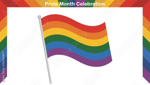 pride month celebration featuring rainbow flag on white background with colorful border, representing love, equality, and inclusion