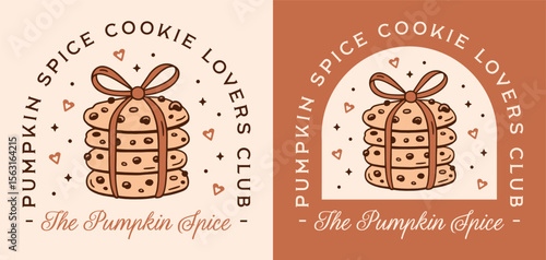 Pumpkin spice cookies lovers club thanksgiving flavor treats cookie stack with bow cute fall season illustration. Coquette girly preppy retro cozy aesthetic text label poster print girl shirt design.