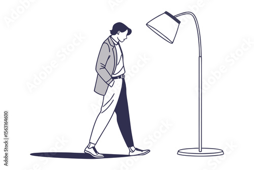 A stylishly dressed man walks past a modern floor lamp casting a long shadow on a plain white background