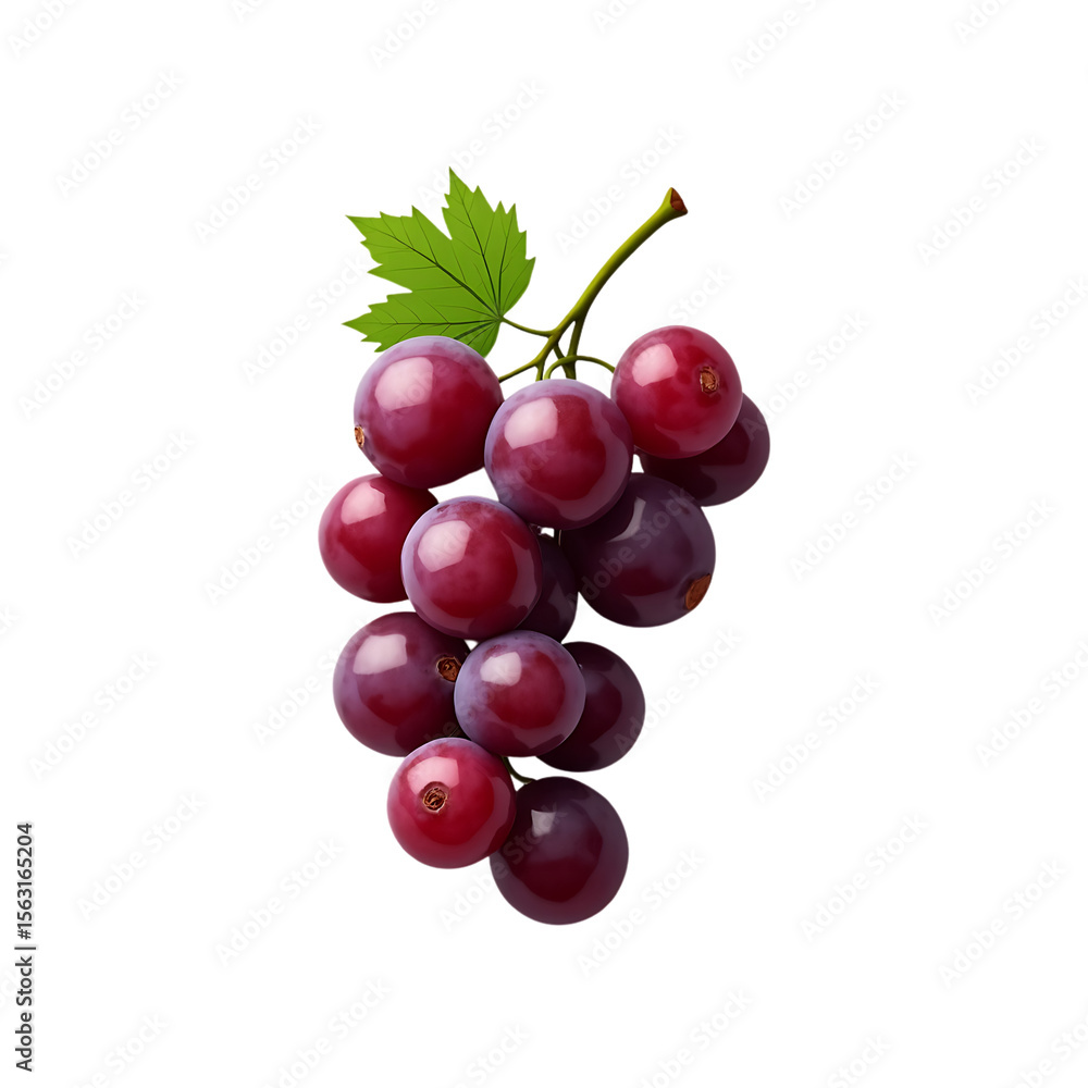 Fototapeta premium Ripe red grapes with a single green leaf present a fresh and appetizing food still life against a transparent background.