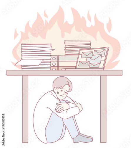An illustration capturing the immense workplace stress from overwhelming paperwork and a nearby fire scenario