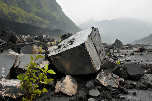 Meteorite impact site revealing geological features on a barren planet with emerging plant life
