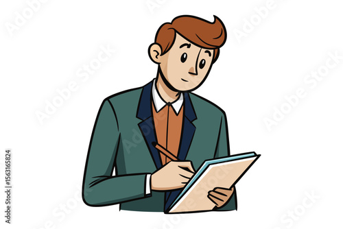 Cartoon businessman in a suit writing on a clipboard with a pen focused and professional isolated on white background