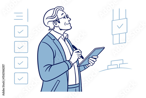 Smiling businessman wearing glasses and a suit holds a tablet and stylus looking up at a checklist with completed tasks
