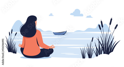 Serene Lakeside Meditation: Woman in Lotus Pose