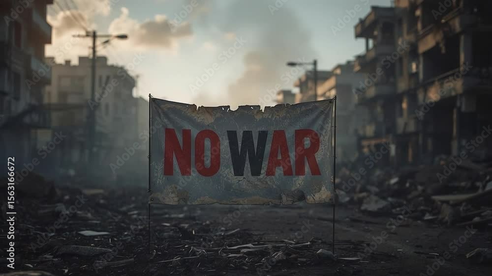 War Aftermath with ‘No War’ Banner in Ruined City Stock Video | Adobe Stock