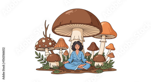 Mushroom Meditation: Serene Woman in a Fungi Forest