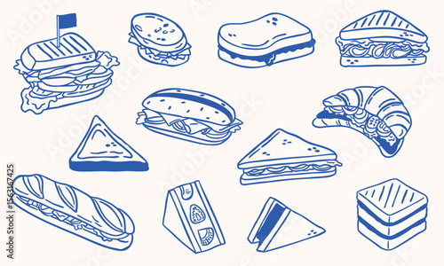 sandwich illustration hand drawn sketch doodle - vector line art collection set
