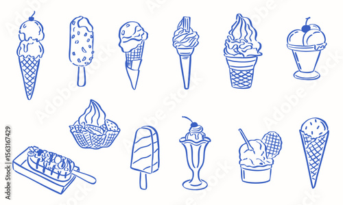 ice cream dessert sketch hand drawn illustration - vector line art
