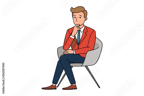 A thoughtful businessman in a red suit sits in a modern chair contemplating with his hand on his chin