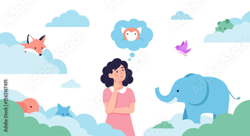 Dreamy Cloudscape: Girl Imagining Animals