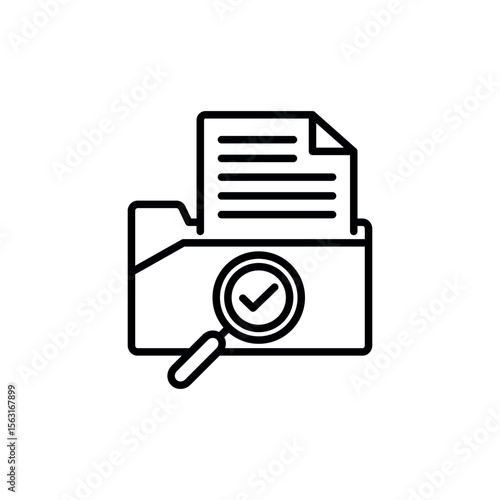 Minimal outline icon of file sharing and folder management with magnifying glass. Vector Illustration.