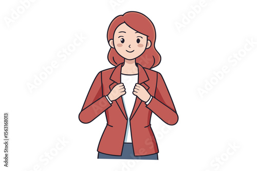 Friendly cartoon woman with reddish brown hair and a red blazer confidently adjusts her collar with a warm smile