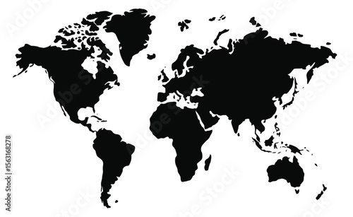 Minimalist black and white world map silhouette featuring continents and countries for global geography, travel, and educational use