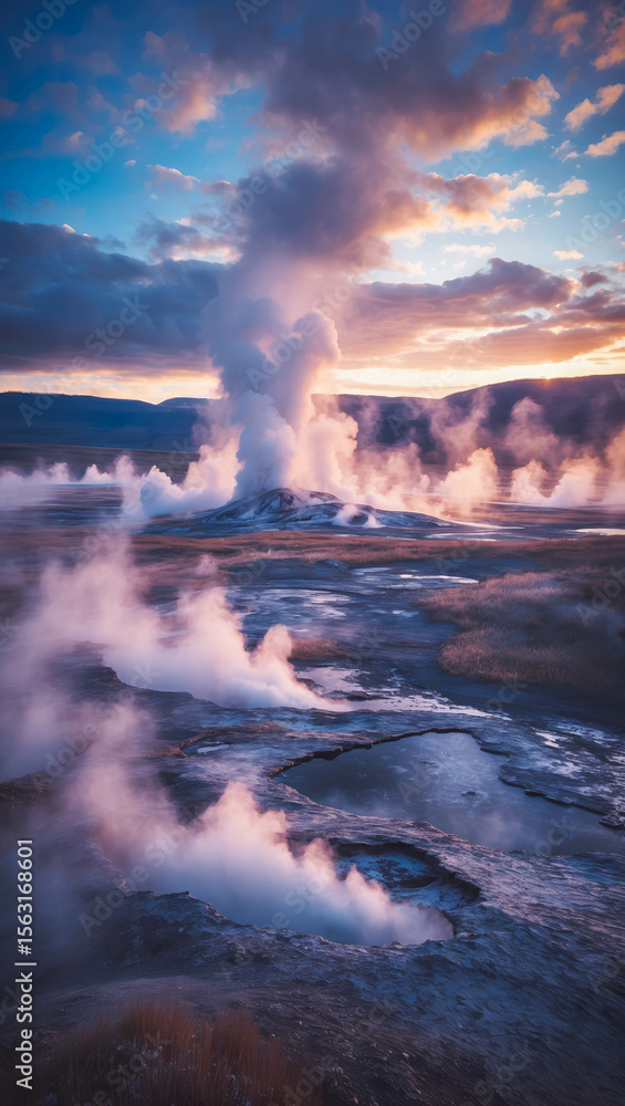 Fototapeta premium Sunset Over Geothermal Geysers and Hot Springs