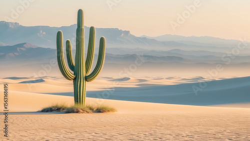Solitary Cactus in Desert Landscape at Sunset