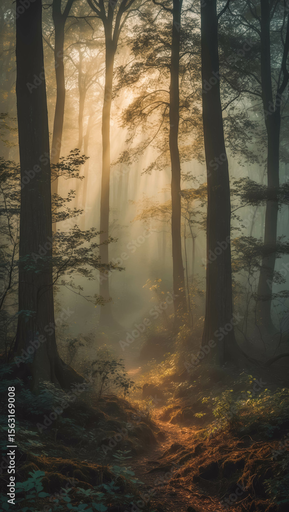 Fototapeta premium Misty Forest Path with Sunlight