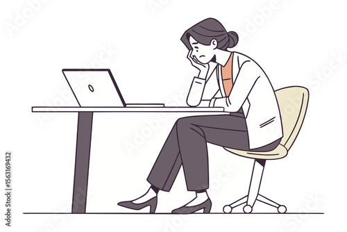A woman feeling bored and tired while sitting at her desk with a laptop in a modern office setting